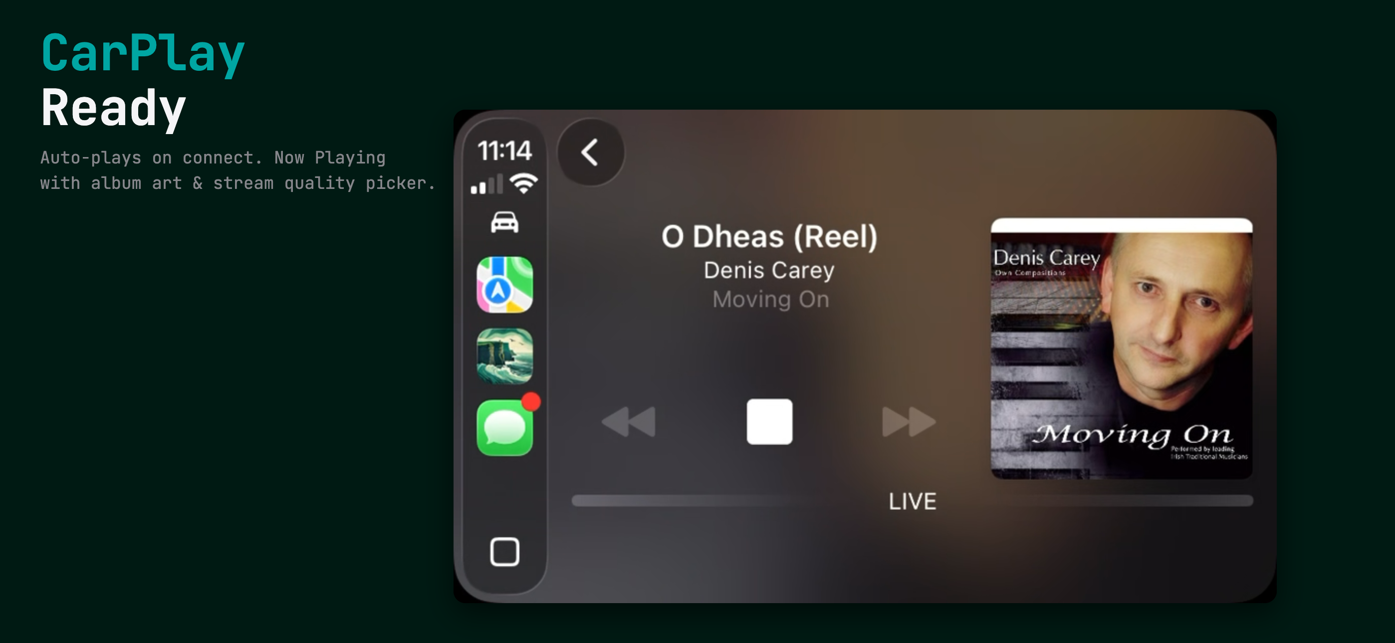 Trad Player CarPlay integration showing now playing on car dashboard