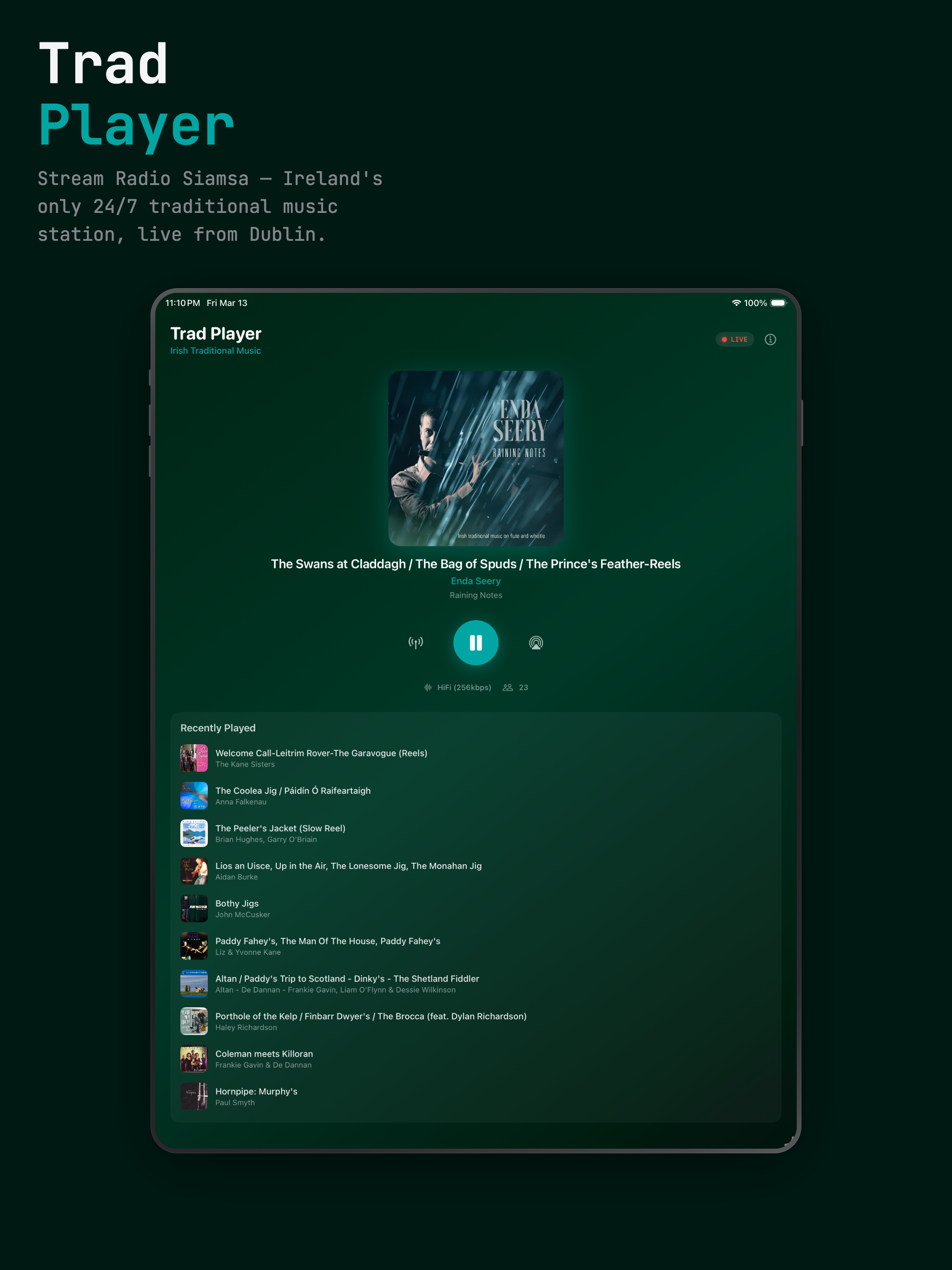 Trad Player on iPad showing full track history
