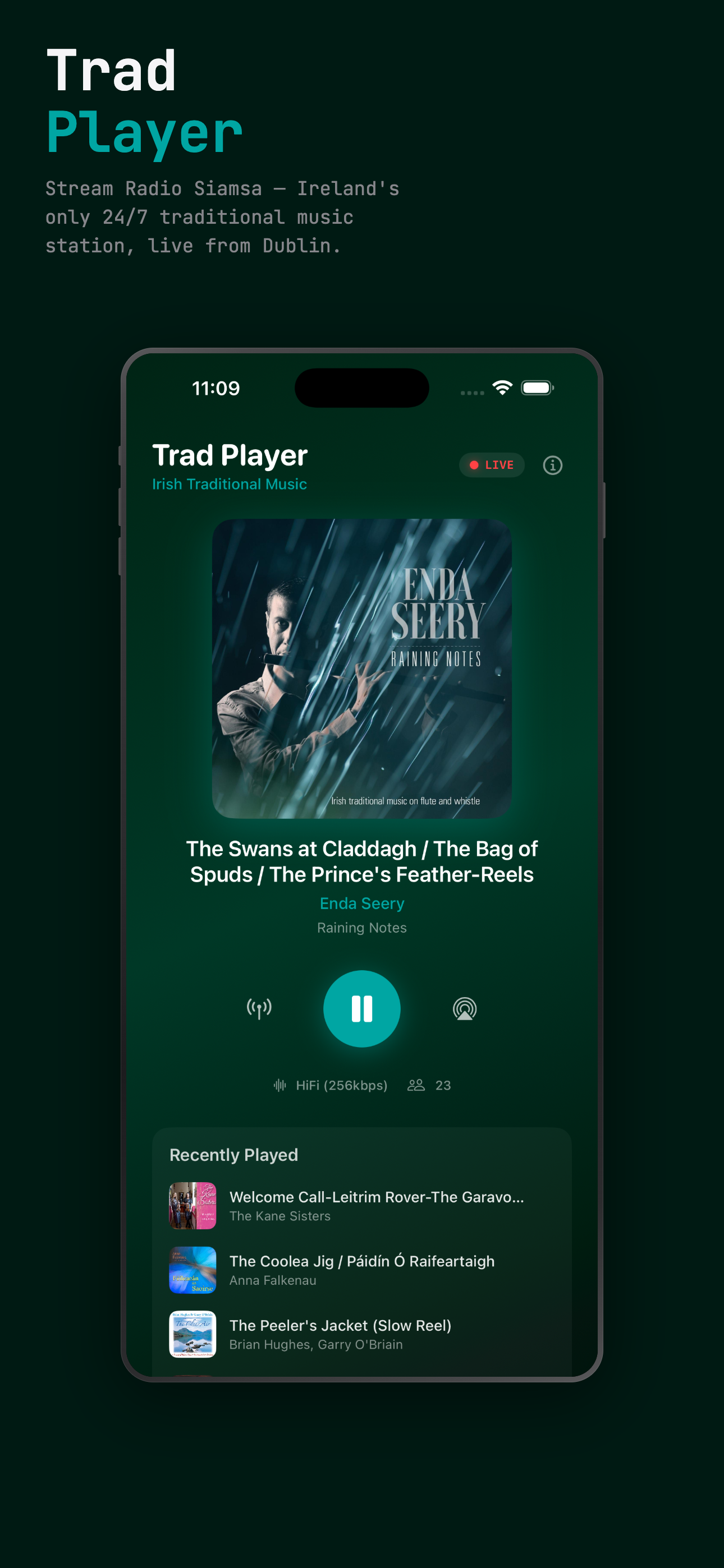 Trad Player on iPhone showing now playing screen with album artwork